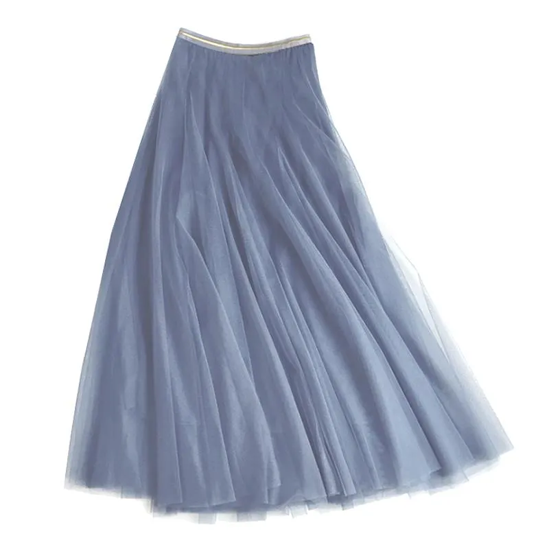 Denim Blue Tulle Midi Skirt with Gold Waistband