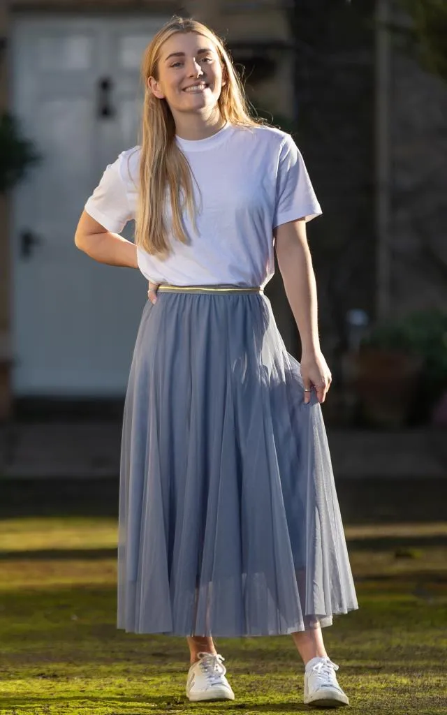 Denim Blue Tulle Midi Skirt with Gold Waistband