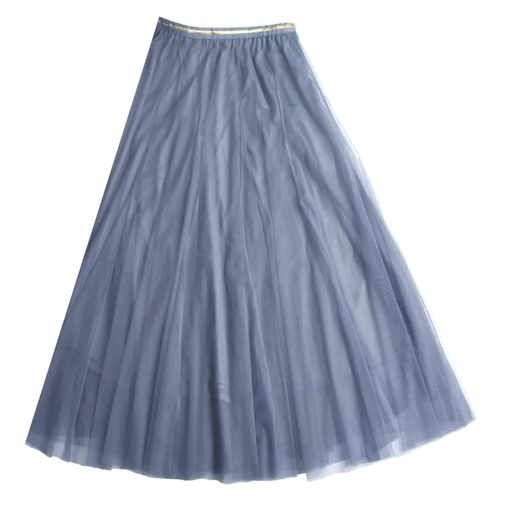 Denim Blue Tulle Midi Skirt with Gold Waistband
