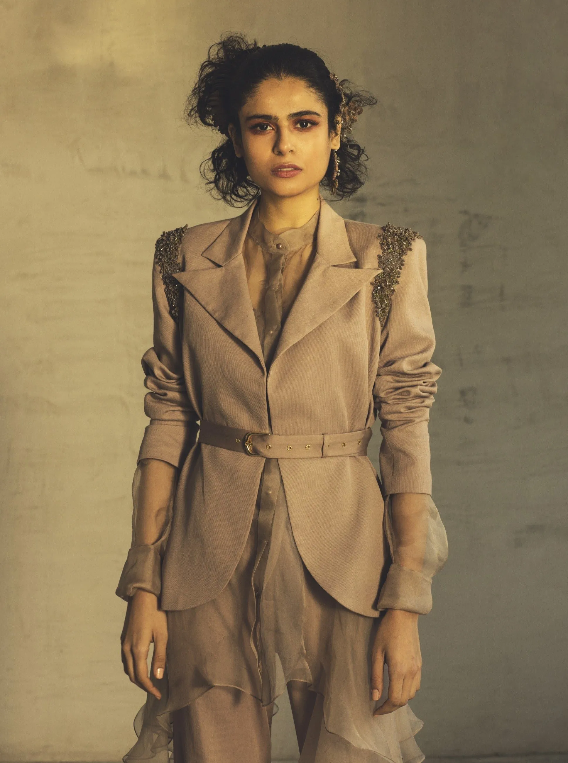 Dirty Pink Jacket With Pants Set & Bustier Belt
