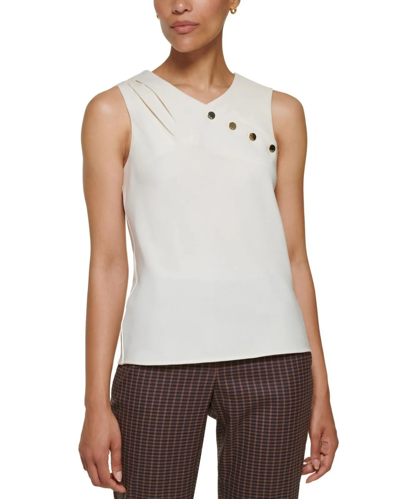DKNY Womens Petite Sleeveless Mix Media Top XG2T2112 Buttercream Off White PS