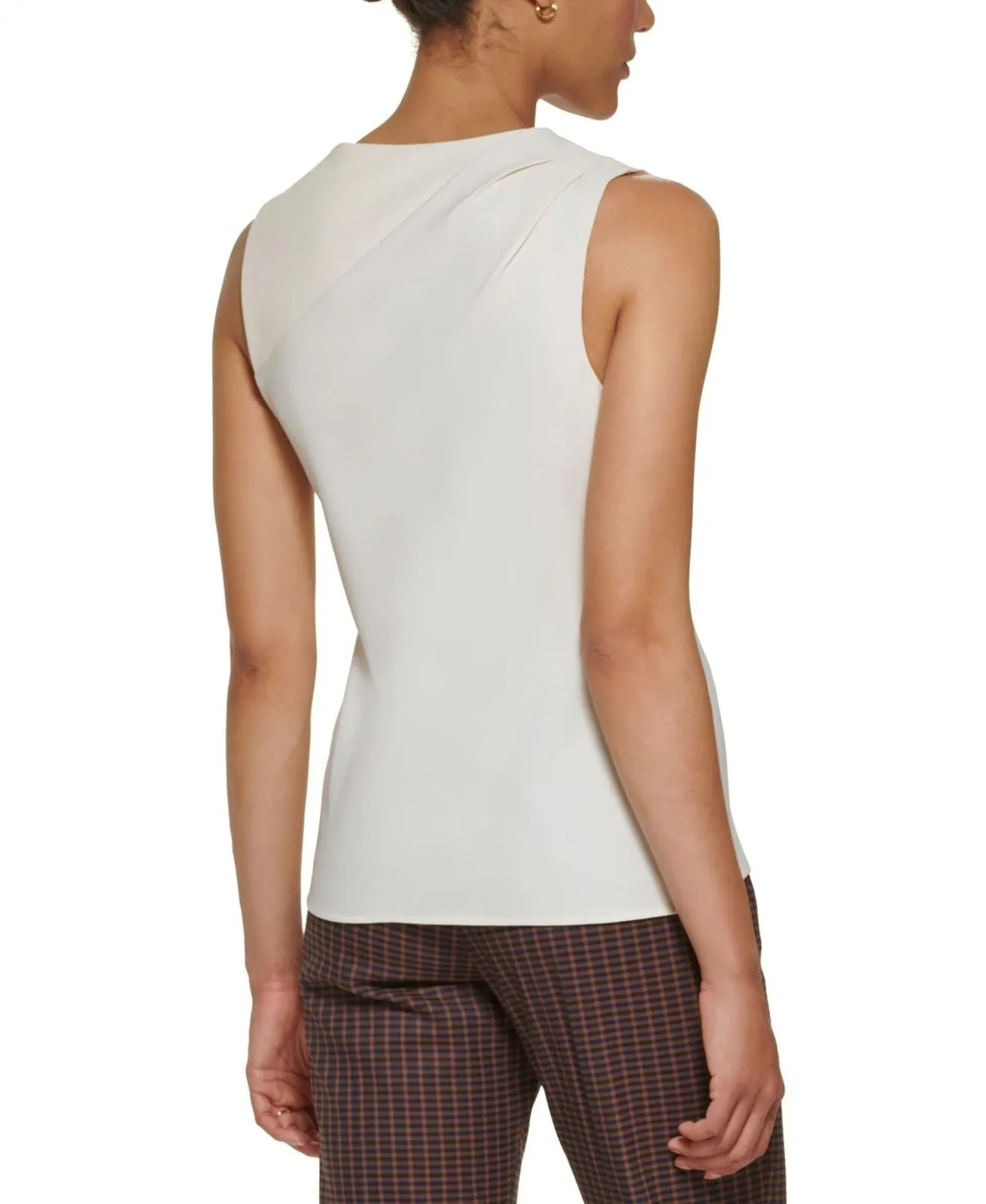 DKNY Womens Petite Sleeveless Mix Media Top XG2T2112 Buttercream Off White PS