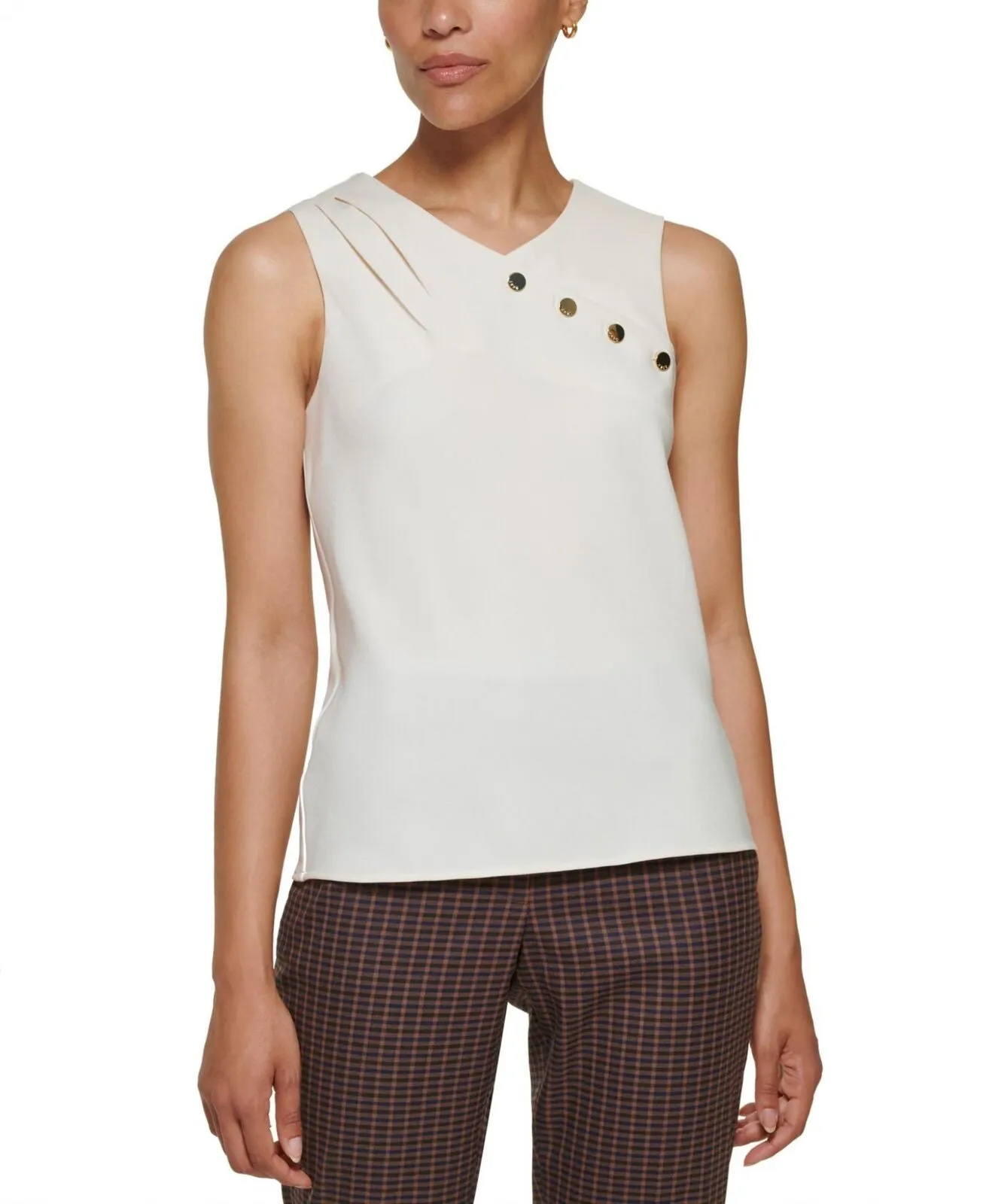 DKNY Womens Petite Sleeveless Mix Media Top XG2T2112 Buttercream Off White PS