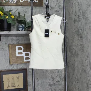 DKNY Womens Petite Sleeveless Mix Media Top XG2T2112 Buttercream Off White PS