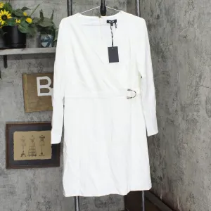 DKNY Womens V-Neck Faux Wrap D-Ring Fit & Flare Dress DD9J2000 White 12