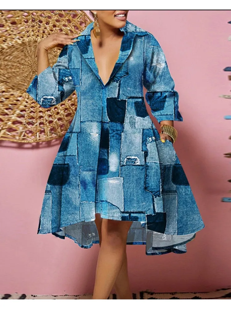 Dress for Women 2023 NEW Casual Plus Size Abstract Print Flowy Shirt Dress Vestidos De Mujer Elegant Boho Mini Robe Female