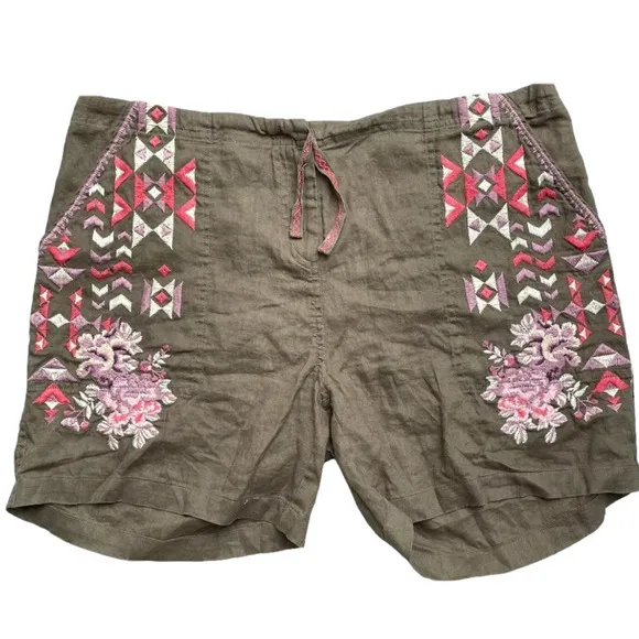 DRIFTWOOD Trevor Shorts Women Medium Green Hippie Boho Floral Linen Free People