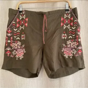 DRIFTWOOD Trevor Shorts Women Medium Green Hippie Boho Floral Linen Free People