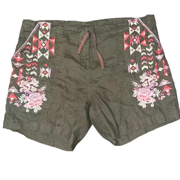 DRIFTWOOD Trevor Shorts Women Medium Green Hippie Boho Floral Linen Free People