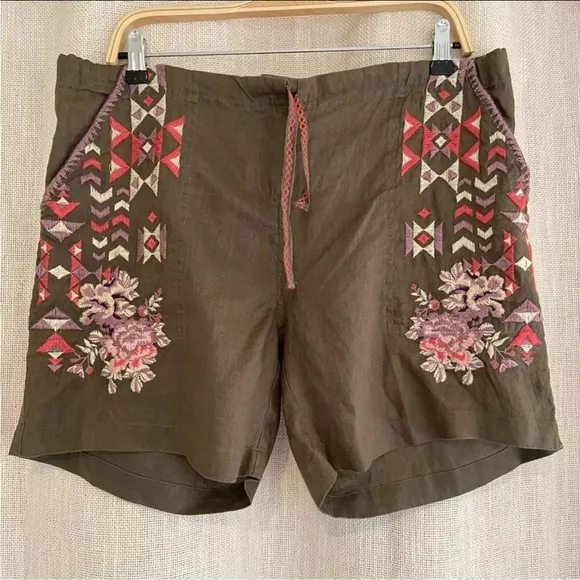 DRIFTWOOD Trevor Shorts Women Medium Green Hippie Boho Floral Linen Free People