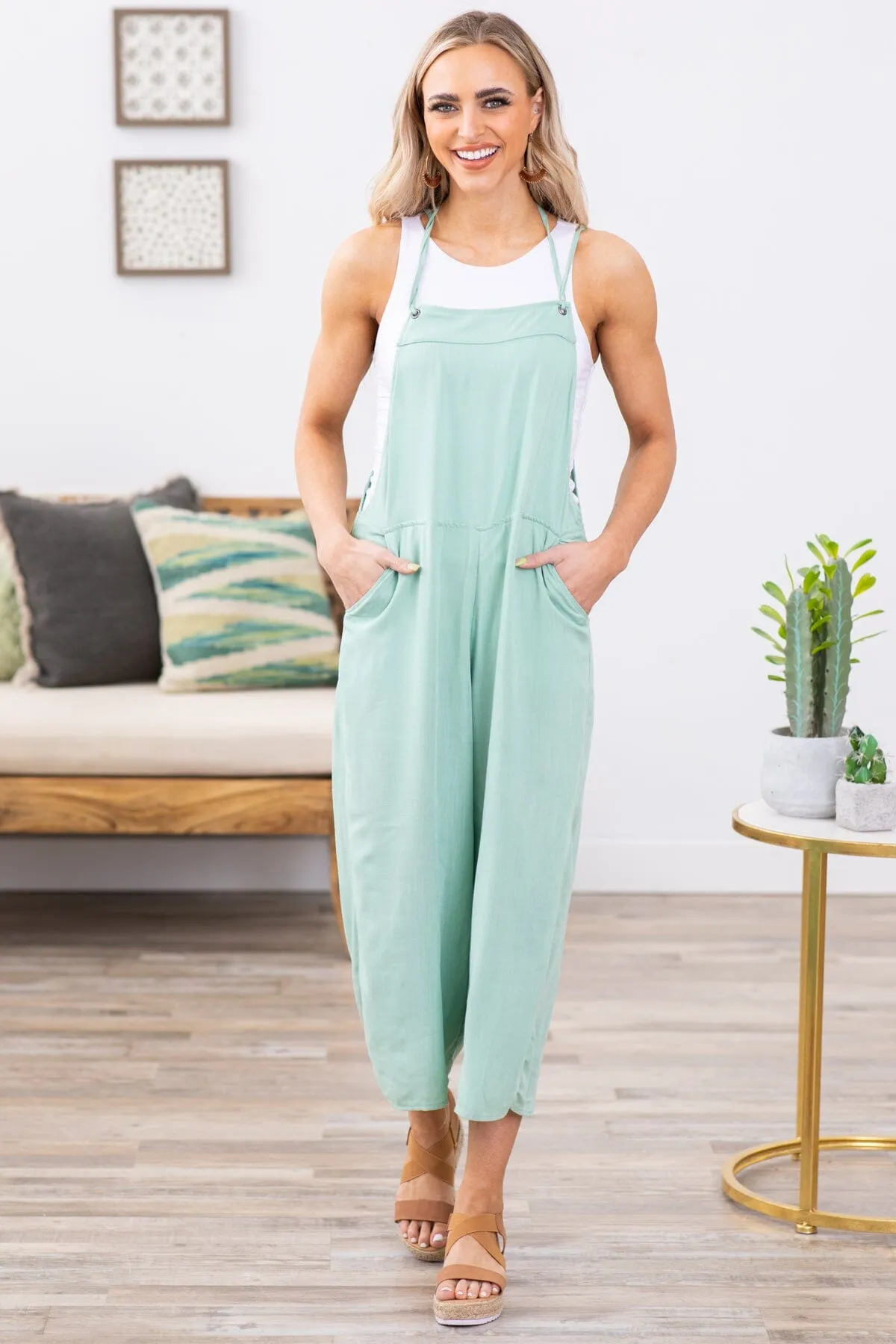 Dusty Mint Wide Leg Tie Strap Overalls
