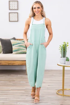 Dusty Mint Wide Leg Tie Strap Overalls