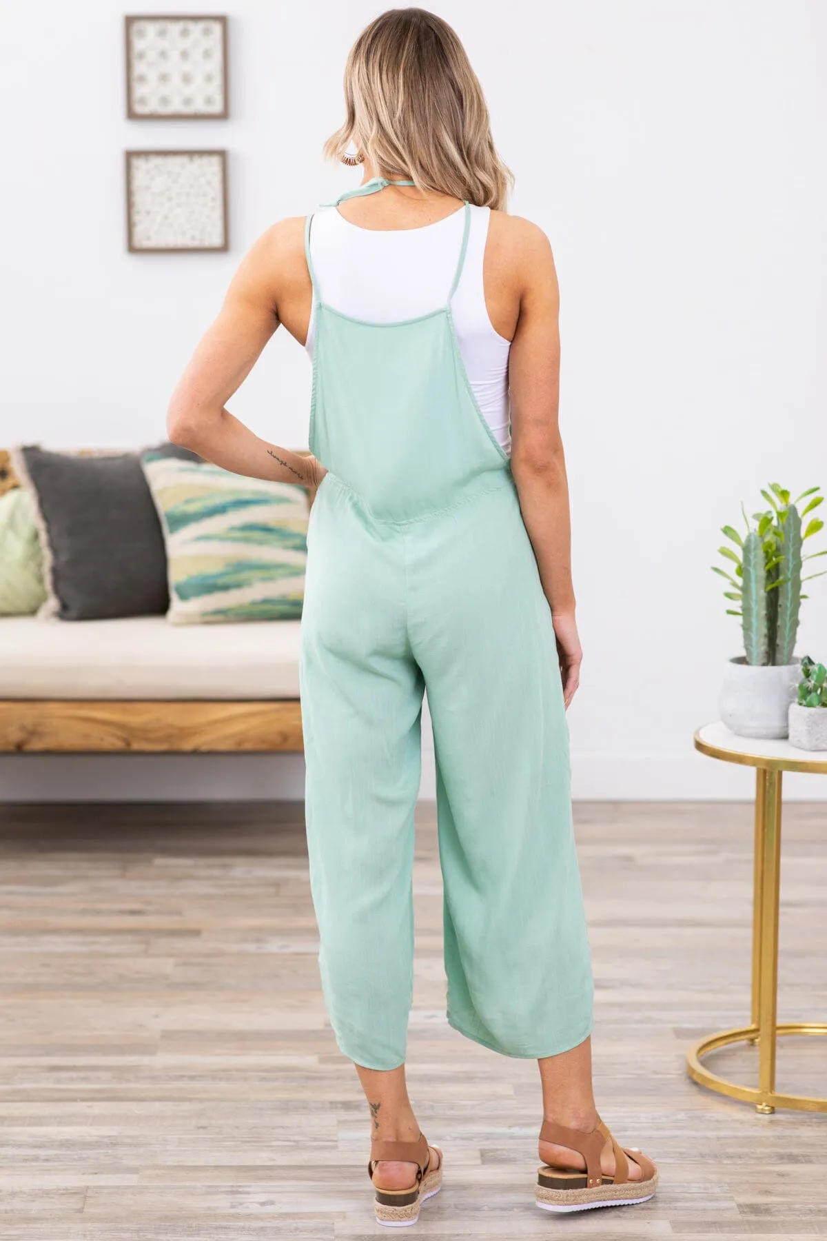 Dusty Mint Wide Leg Tie Strap Overalls