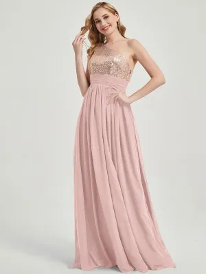 Dusty Pink One-Shoulder Sleeveless Chiffon Sequin Maxi Bridesmaid Dress