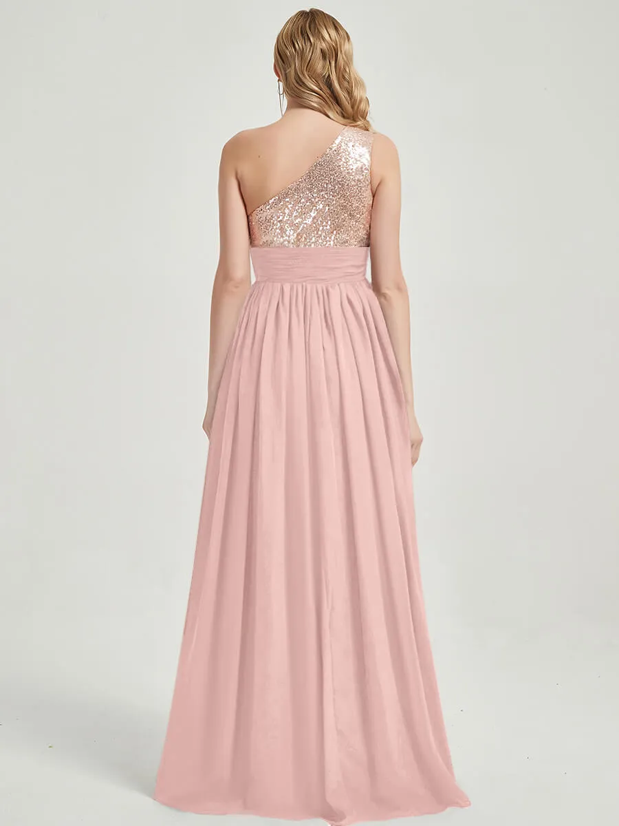 Dusty Pink One-Shoulder Sleeveless Chiffon Sequin Maxi Bridesmaid Dress
