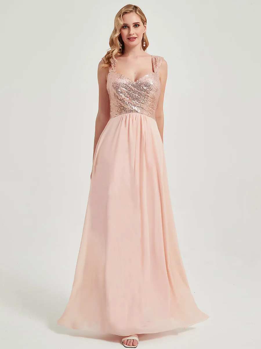 Dusty Pink Sequin Chiffon Backless Cowl Floor Length Bridesmaid Dress