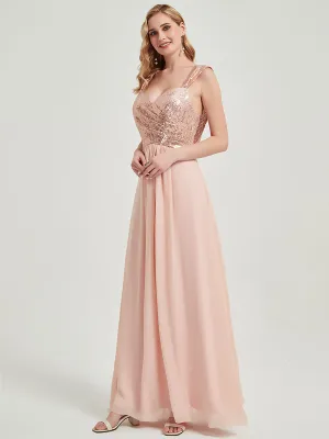 Dusty Pink Sequin Chiffon Backless Cowl Floor Length Bridesmaid Dress