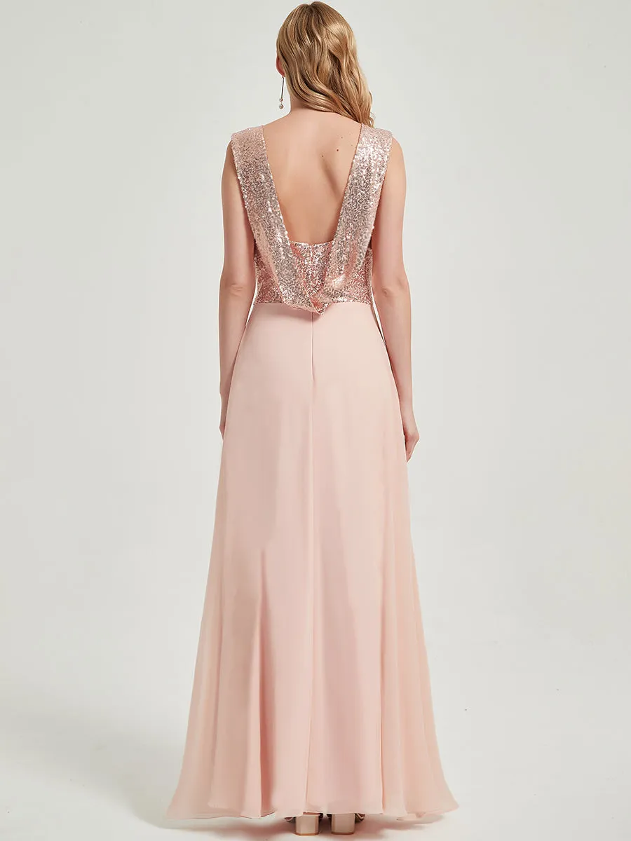 Dusty Pink Sequin Chiffon Backless Cowl Floor Length Bridesmaid Dress