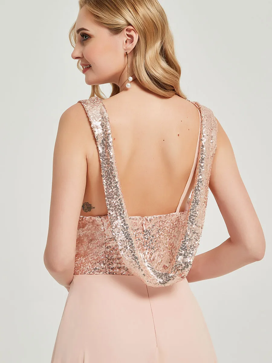 Dusty Pink Sequin Chiffon Backless Cowl Floor Length Bridesmaid Dress