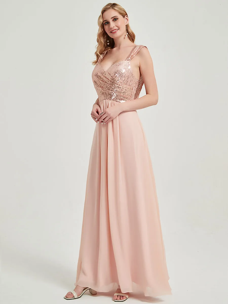 Dusty Pink Sequin Chiffon Backless Cowl Floor Length Bridesmaid Dress