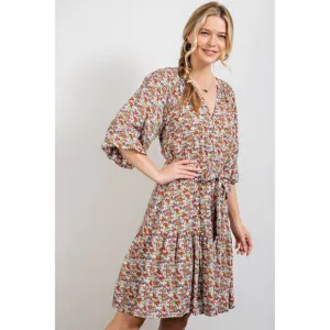 Easel Olive Rose Floral Printed Notched Neck Tie Waist Detail Ruffled Dress
