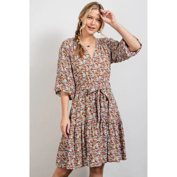 Easel Olive Rose Floral Printed Notched Neck Tie Waist Detail Ruffled Dress