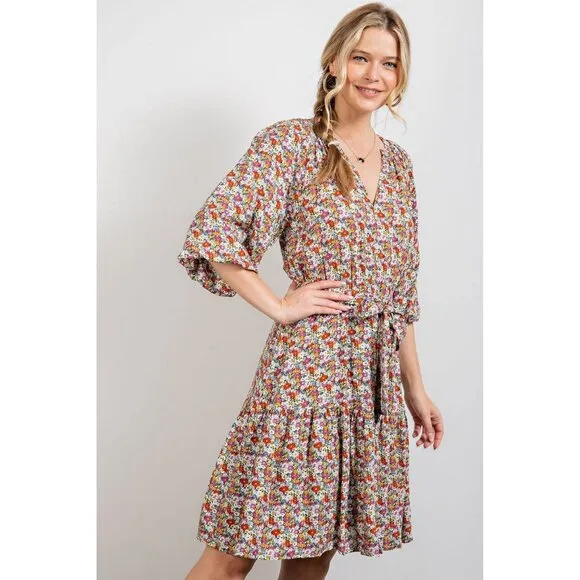 Easel Olive Rose Floral Printed Notched Neck Tie Waist Detail Ruffled Dress