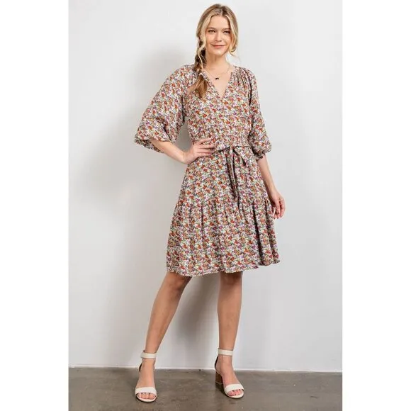 Easel Olive Rose Floral Printed Notched Neck Tie Waist Detail Ruffled Dress