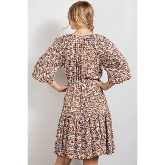 Easel Olive Rose Floral Printed Notched Neck Tie Waist Detail Ruffled Dress