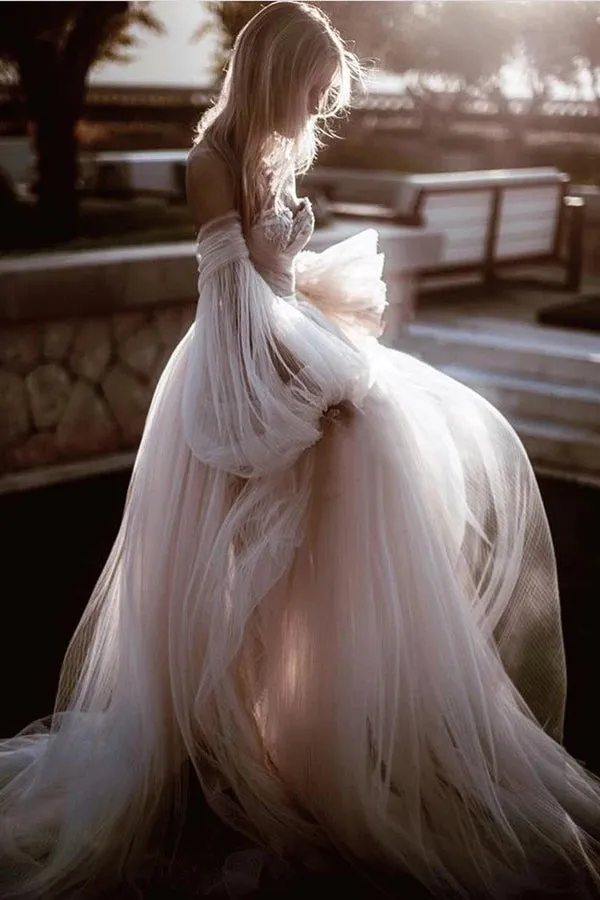 Elegant Flowy Long Sleeves Backless Romantic Long Beach Wedding Dresses