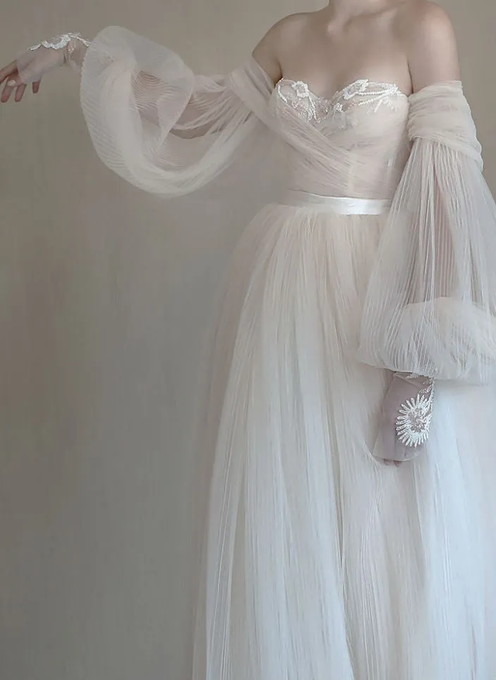 Elegant Flowy Long Sleeves Backless Romantic Long Beach Wedding Dresses