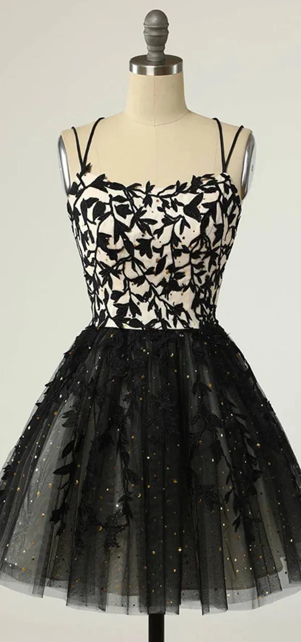 Elegant Spaghetti Straps A-line Tulle Black Short Homecoming Dresses Online, HD0715