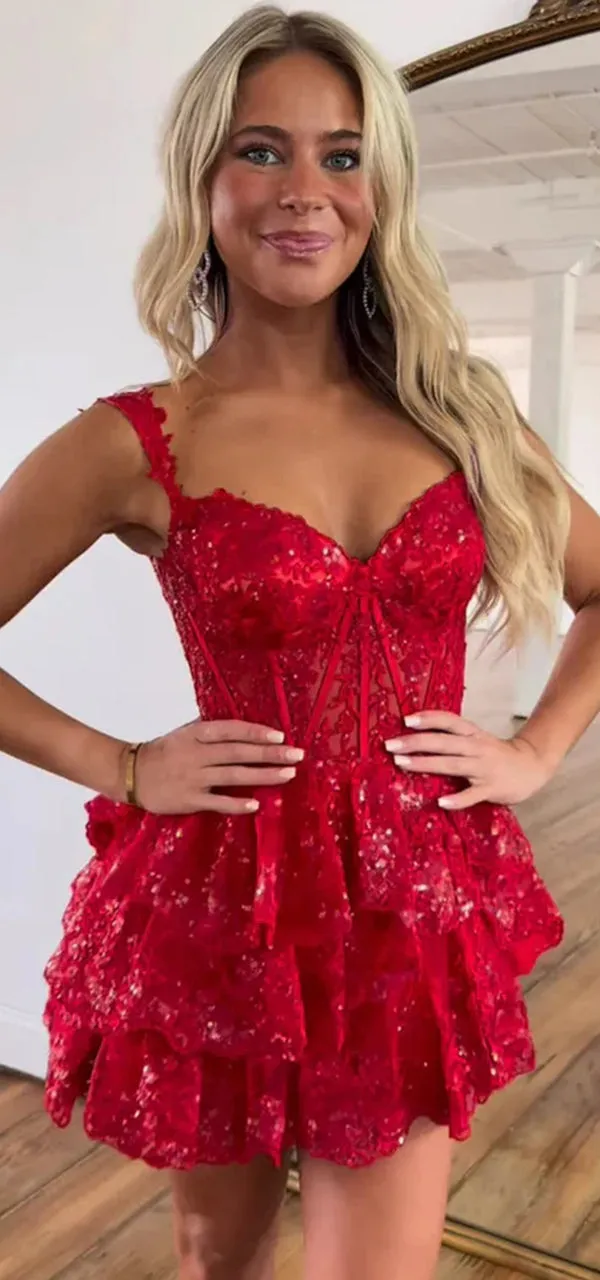 Elegant Straps A-line Tulle Short Red Homecoming Dresses Online, HD0674