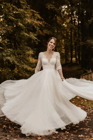 Elegant Tulle A-line Lace Backless Long Sleeves Wedding Dresses, SW689