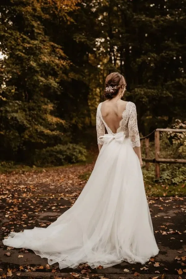 Elegant Tulle A-line Lace Backless Long Sleeves Wedding Dresses, SW689