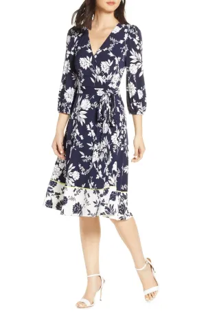 Eliza J Womens Floral Print Faux Wrap Dress EJ9M2144 Navy Blue / Ivory 6