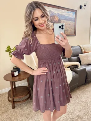 Embroidered Floral Dress In Purple