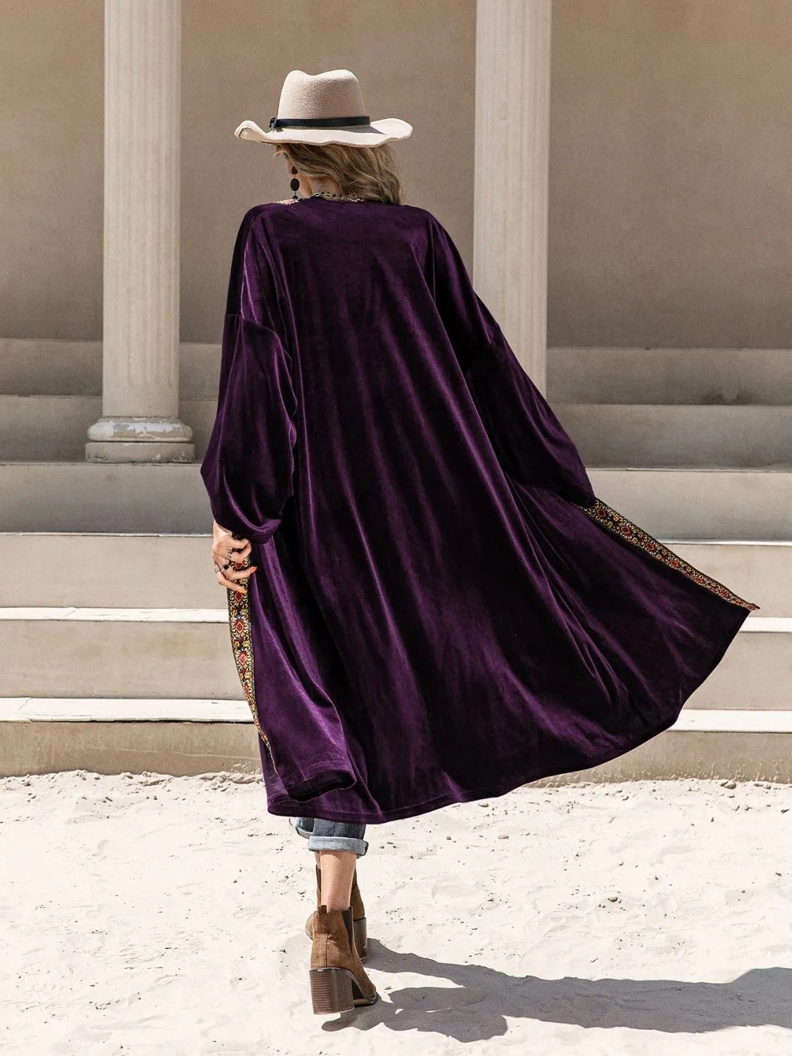 Embroidered Open Front Long Sleeve Cardigan Abaya