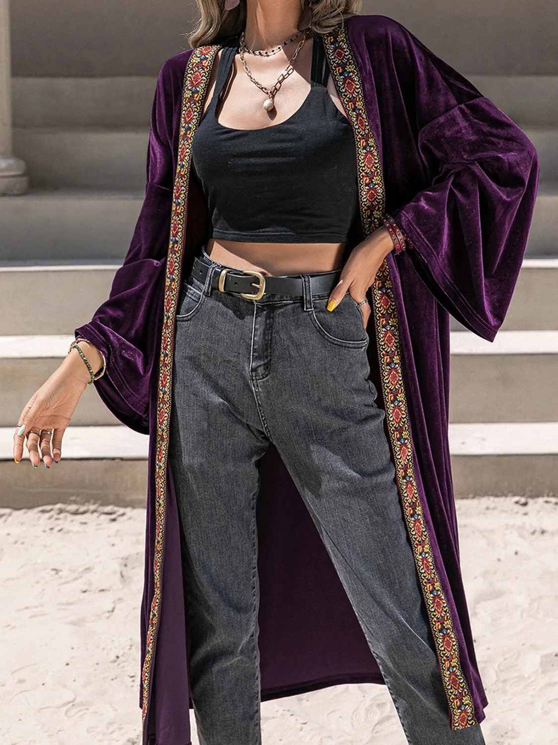 Embroidered Open Front Long Sleeve Cardigan Abaya