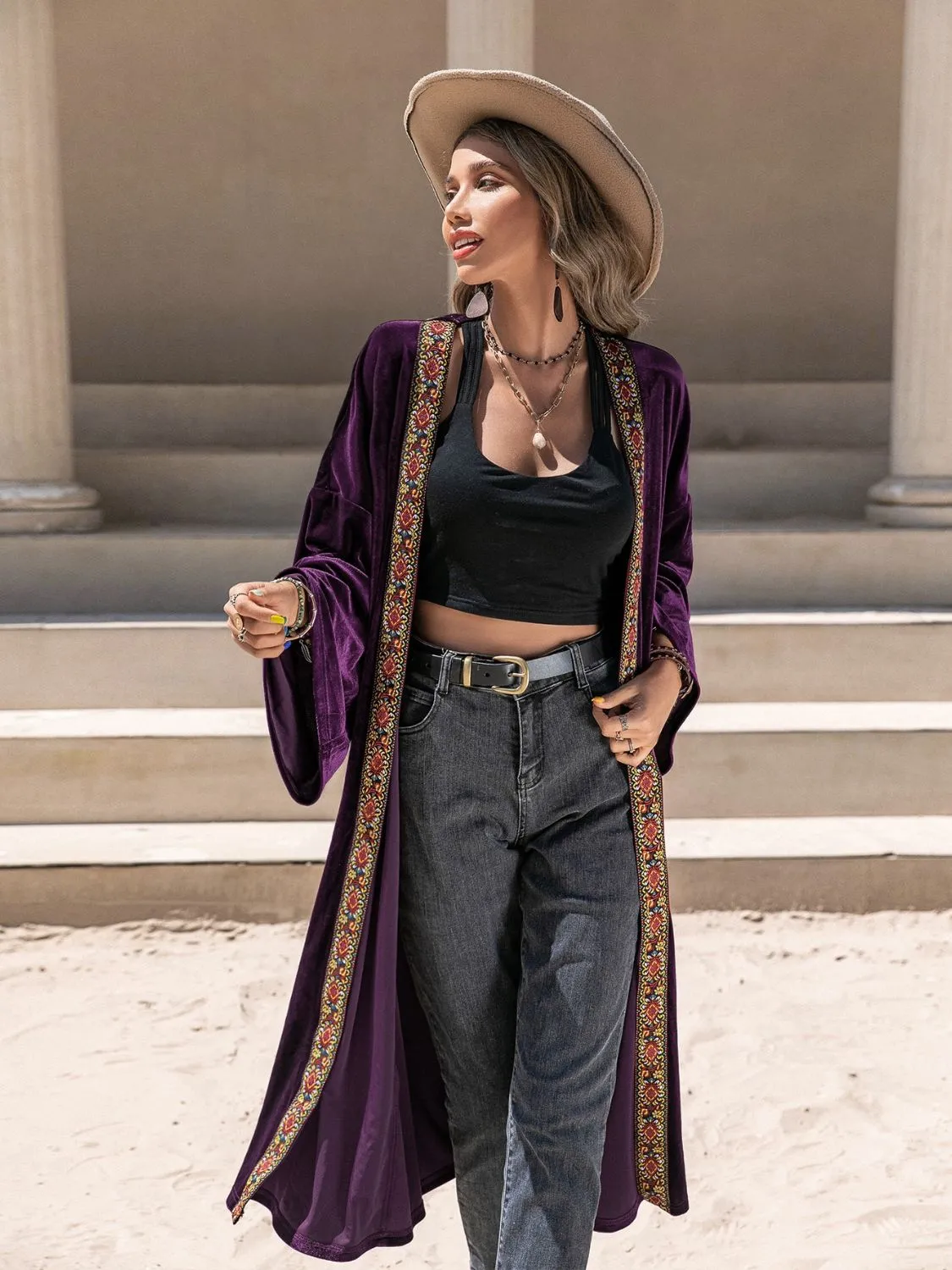 Embroidered Open Front Long Sleeve Cardigan Abaya
