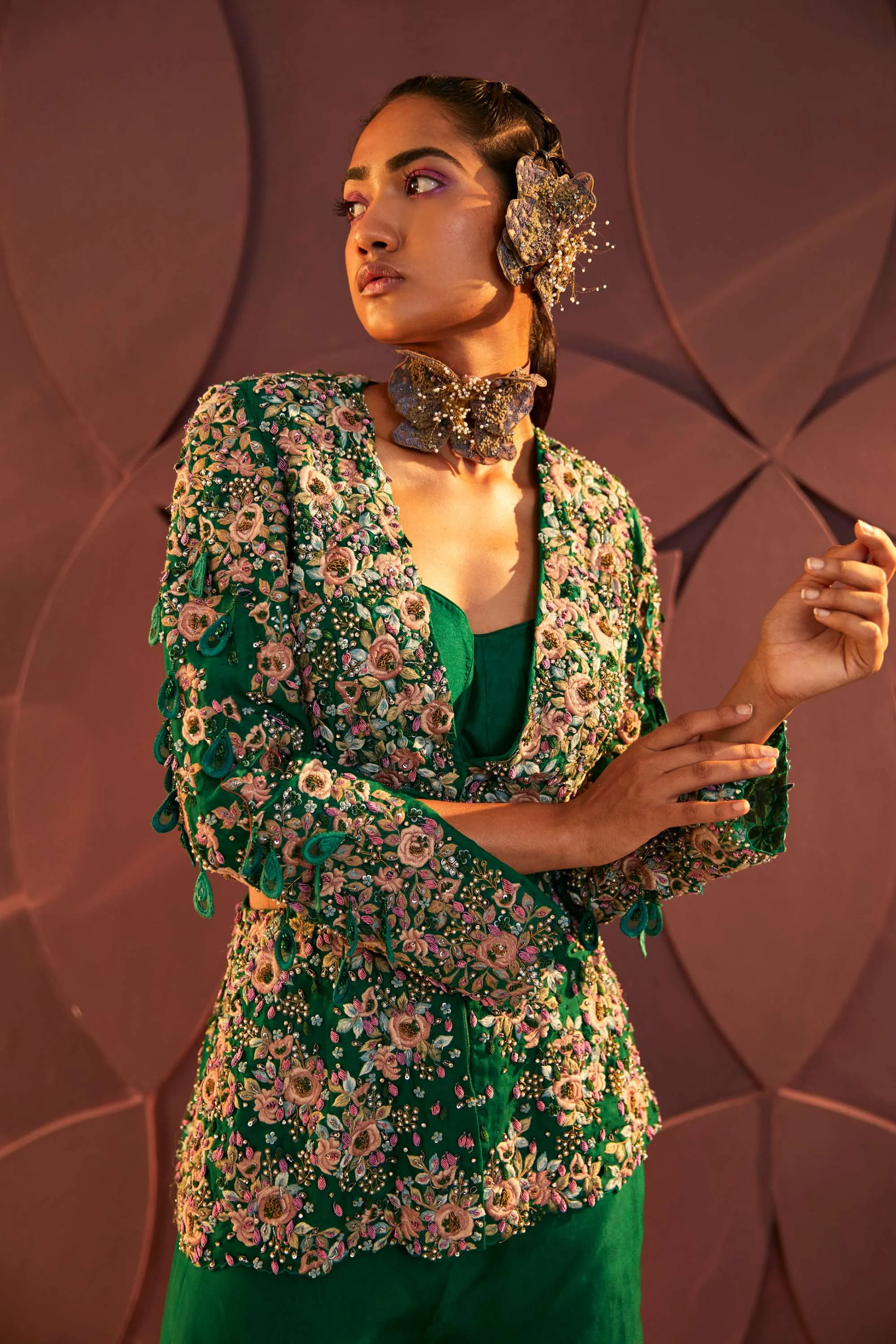 Emerald Green Cutout Blazer And Pant Set
