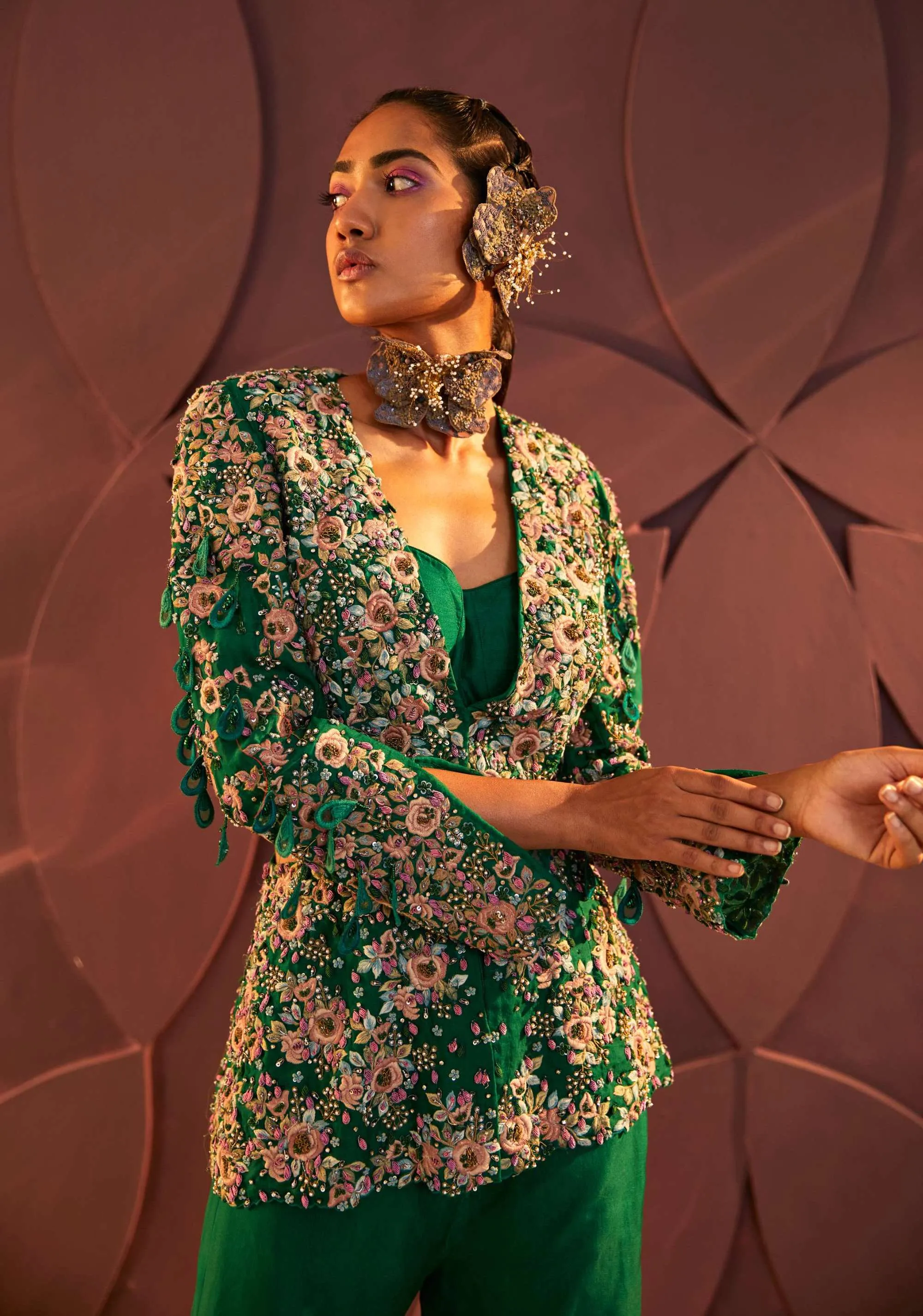 Emerald Green Cutout Blazer And Pant Set