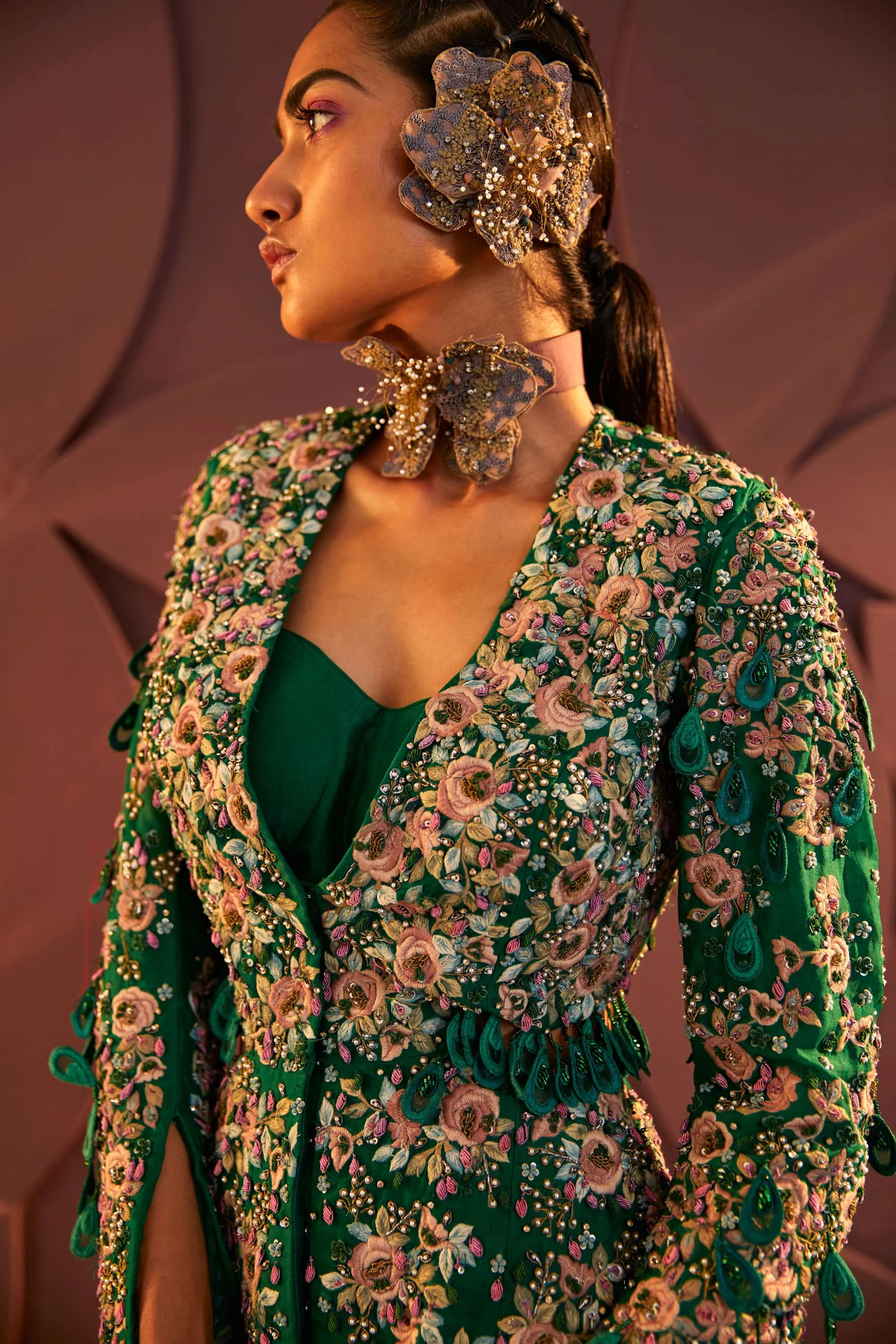 Emerald Green Cutout Blazer And Pant Set