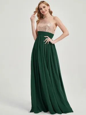 Emerald Green One-Shoulder Sleeveless Chiffon Sequin Bridesmaid Dress