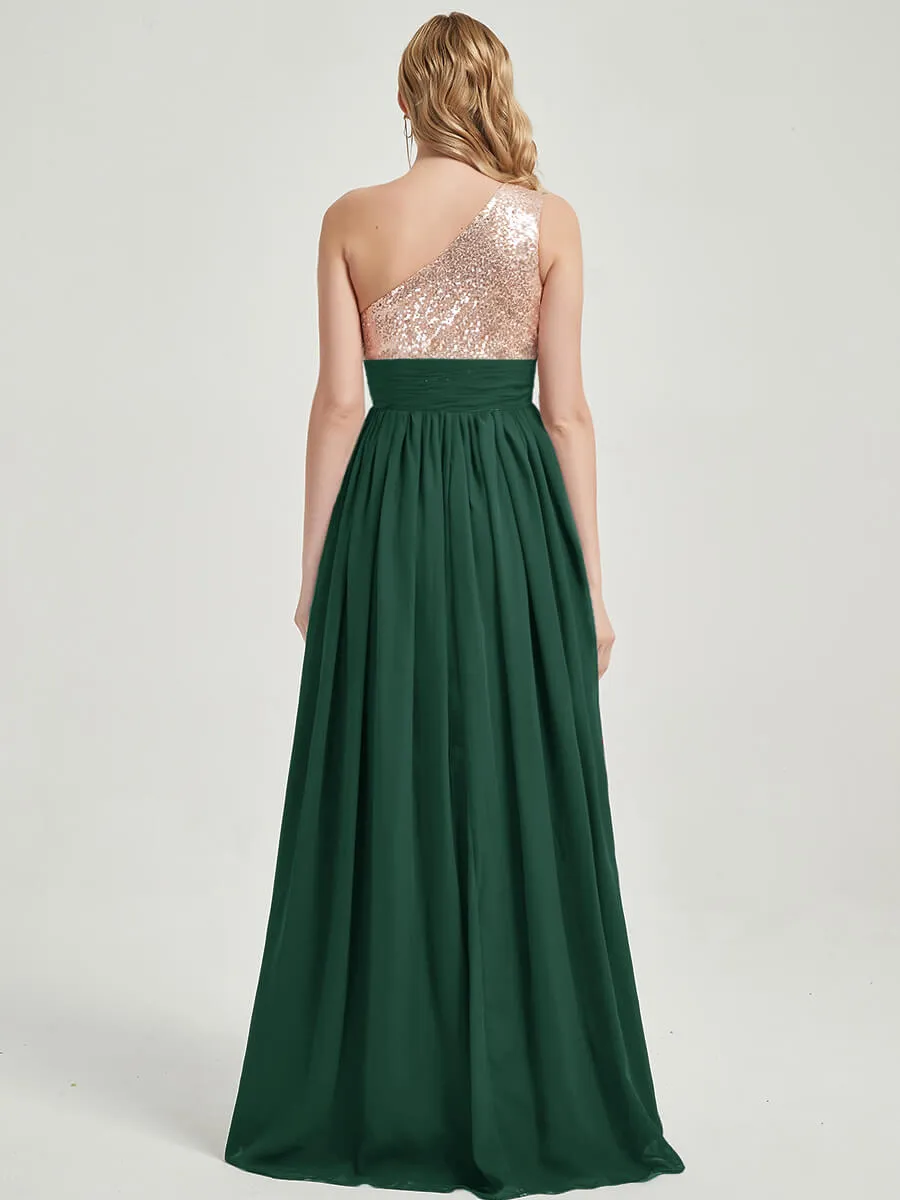 Emerald Green One-Shoulder Sleeveless Chiffon Sequin Bridesmaid Dress