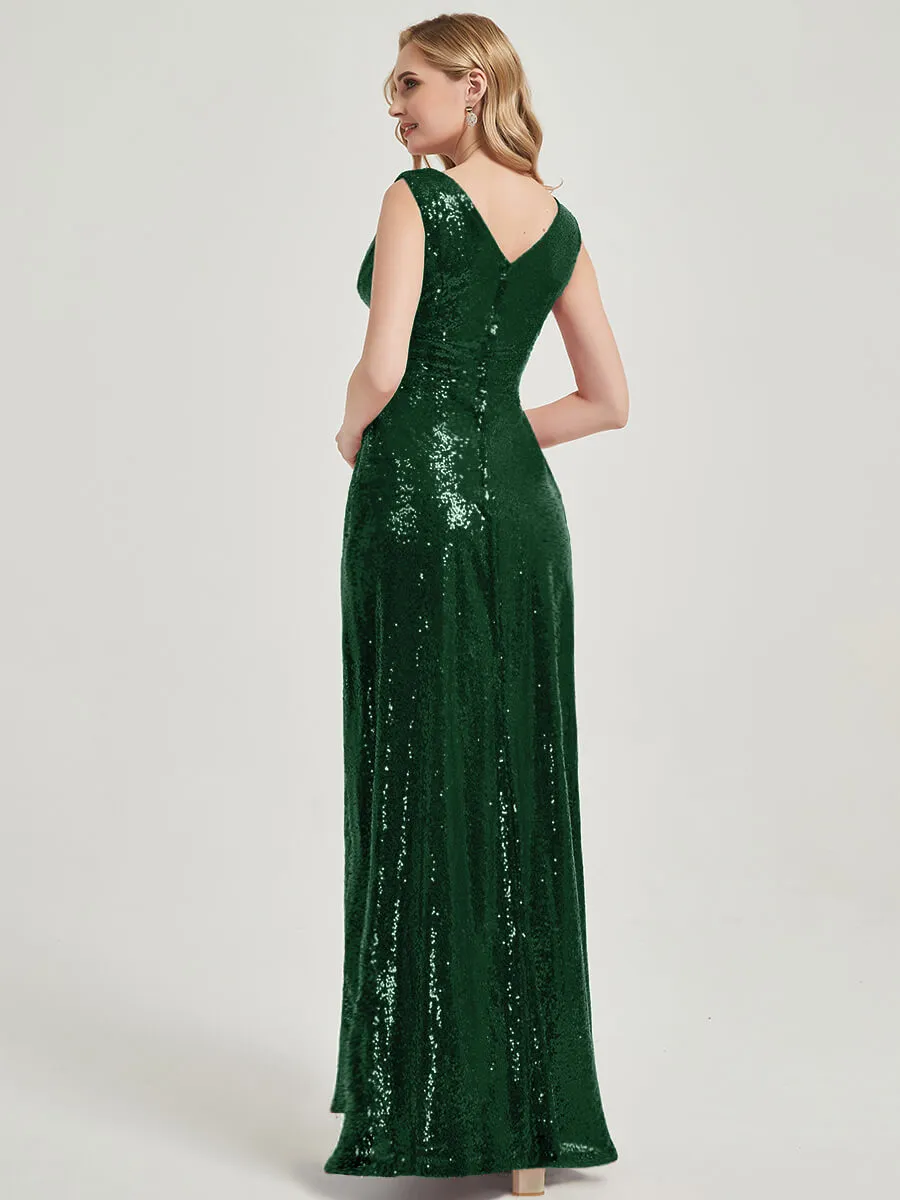 Emerald Green V-Neck Sleeveless Empire Maxi Sequin Bridesmaid Dress