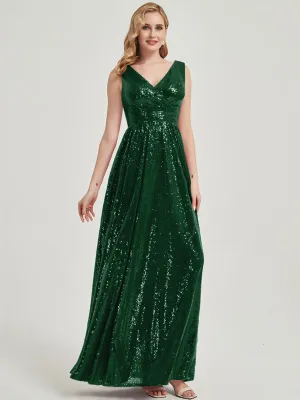 Emerald Green V-Neck Sleeveless Empire Maxi Sequin Bridesmaid Dress
