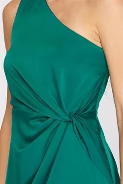 Emerald Satin One Shoulder Dress with Twist Detail