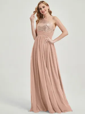 English Rose One-Shoulder Sleeveless Chiffon Sequin Bridesmaid Dress