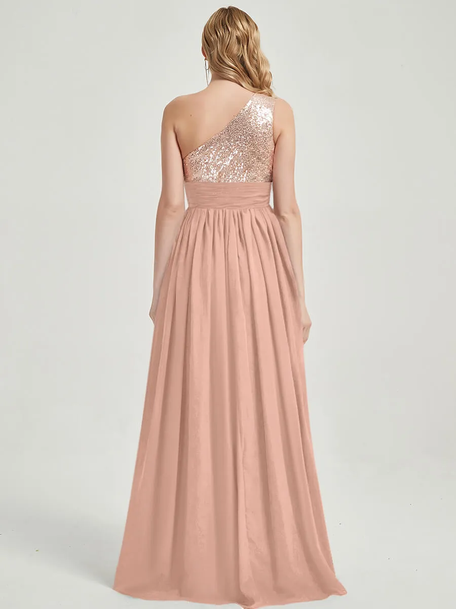 English Rose One-Shoulder Sleeveless Chiffon Sequin Bridesmaid Dress